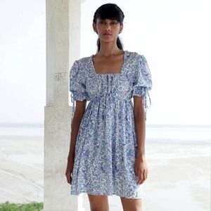 Banjanan - jardin mini dress puff sleeves pockets printed delph bird peony